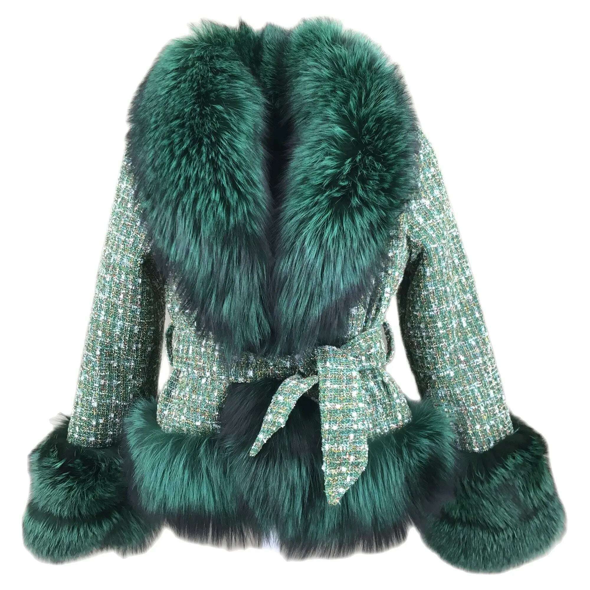 Short Jacket Coat with Real Red Fox Fur Collar for Women, Front and Belt, Elegant Fur, Green Color, Autumn and Winter Coat Nylon Fabric Polyester Fabric Spandex Fabric Short Jacket Coat with Real Red Fox Fur Collar for Women, Front and Belt, Elegant Fur, Green Color, Autumn and Winter Coat Nylon Fabric Polyester Fabric Spandex Fabric