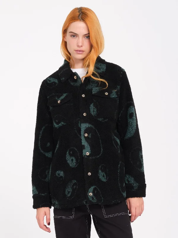 Silent Sherpa Jacket - Black Combo Zippered Front Buttoned Front Snap Front