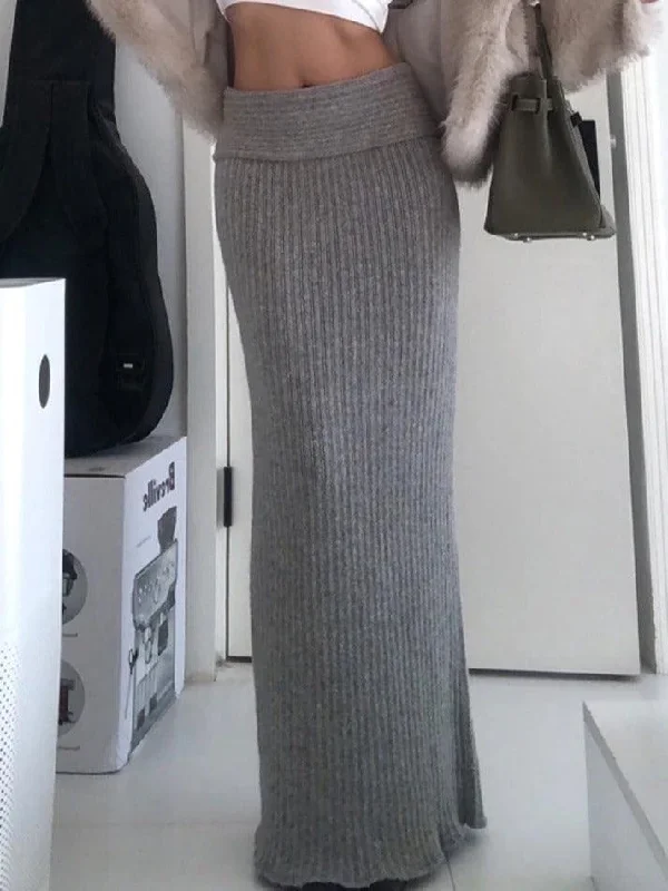 Solid Turned Waist Low Rise Maxi Skirt denim skirt durable