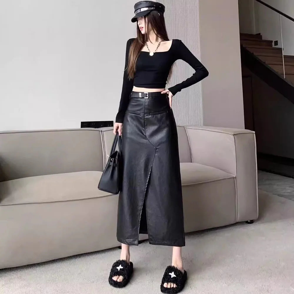 Streetwear Loose Black PU Leather Long Skirt Bottom lace skirt delicate