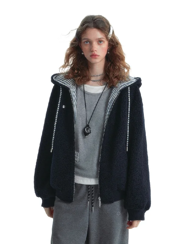 Striped Contrast Fleece Hooded Jacket Wool Jacket Cashmere Jacket Tweed Jacket