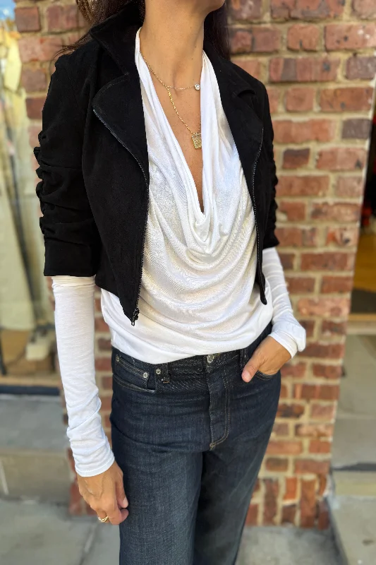 SUSAN BENDER Cropped Suede Biker Jacket / S-US4 Satin Fabric Silk Fabric Chiffon Fabric SUSAN BENDER Cropped Suede Biker Jacket / S-US4 Satin Fabric Silk Fabric Chiffon Fabric