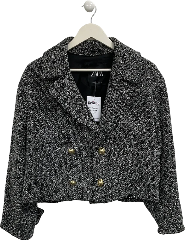 ZARA Black Textured Short Jacket UK S Wool Jacket Cashmere Jacket Tweed Jacket