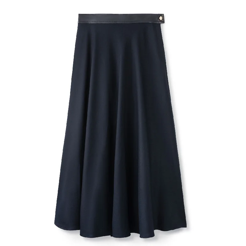 Signature Circle Skirt with Leather Waist Band IN: Navy leather skirt sleek
