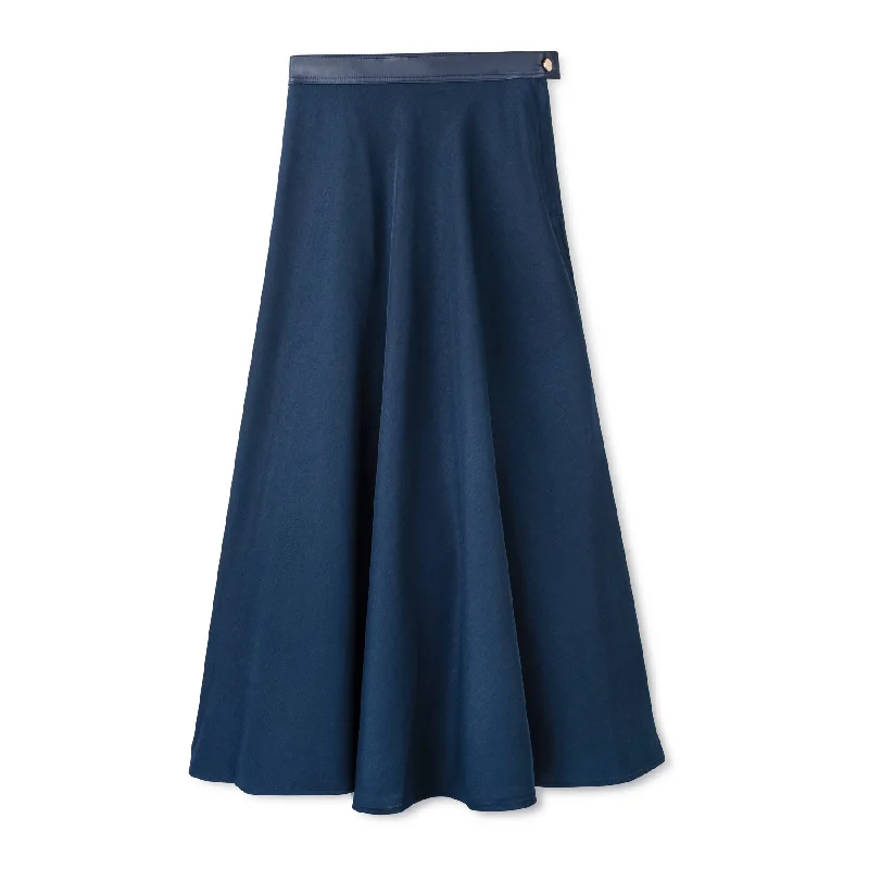 Signature Circle Skirt with Leather Waist Band IN: Marine denim skirt fashionable