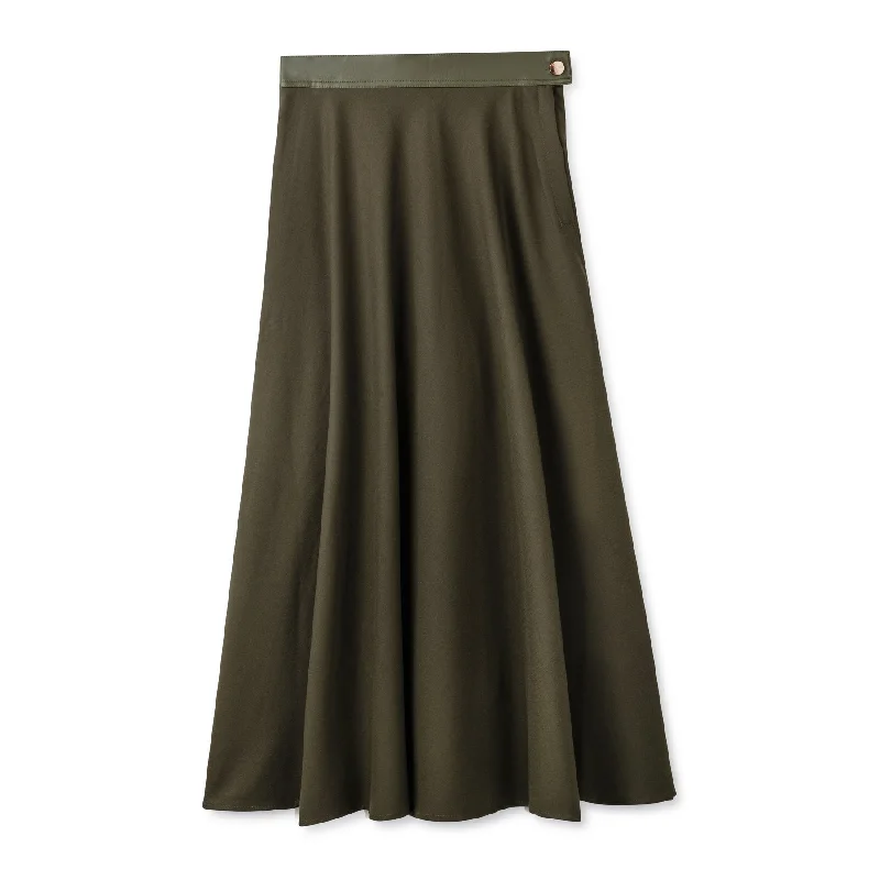 Signature Circle Skirt with Leather Waist Band IN: Olive corduroy skirt textured