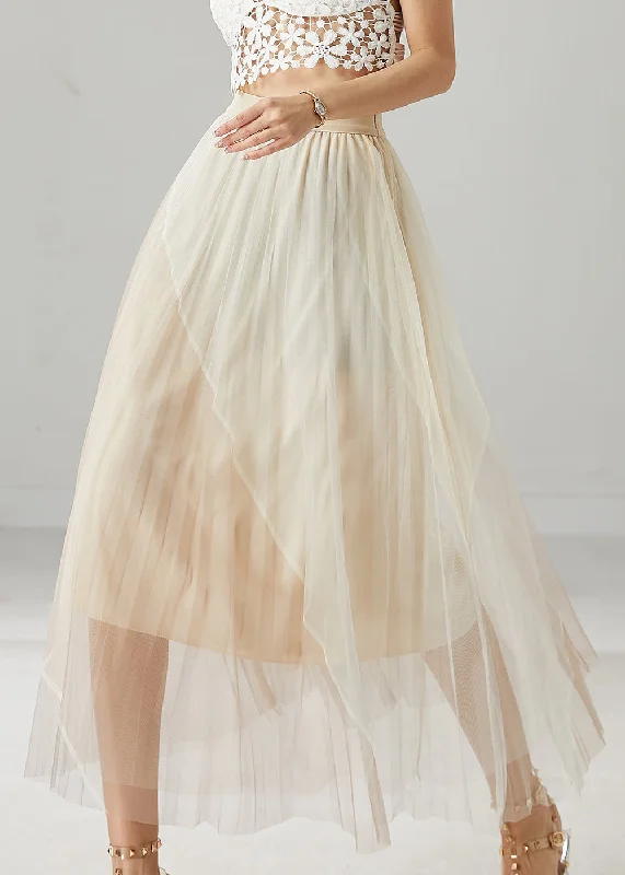 Beautiful Apricot High Waist Patchwork Tulle Skirts Summer leather skirt refined