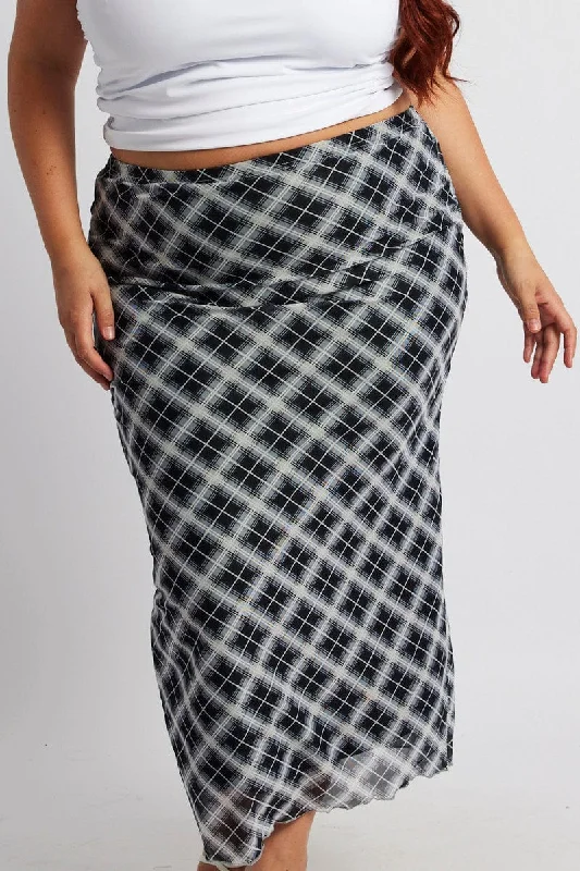 Black Check Plaid Mesh Bodycon Midi Skirt denim skirt casual