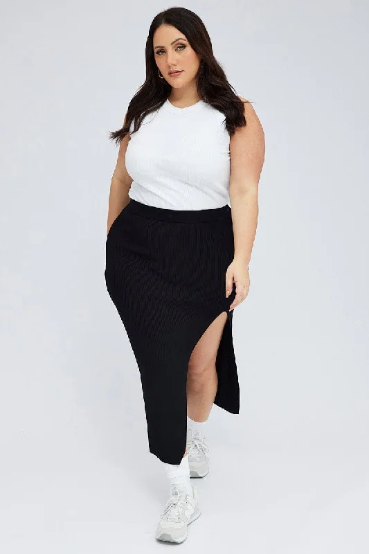 Black Knit Skirt Front Split Bodycon velvet skirt rich