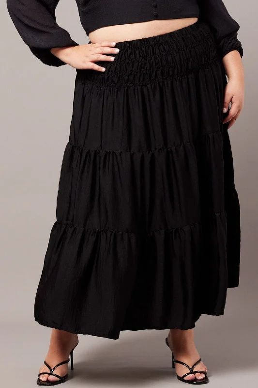 Black Shirred Waist Maxi Skirt wool skirt breathable