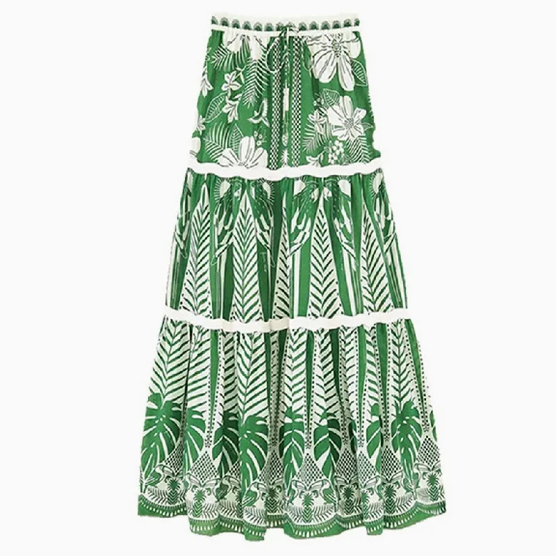 Bohemian Print High Waist Tied Ruched Chiffon Beach Maxi Cover Up Skirt silk skirt smooth