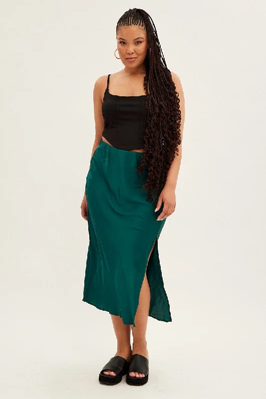 Green Midi Skirt Bias Satin With Split silk skirt elegant