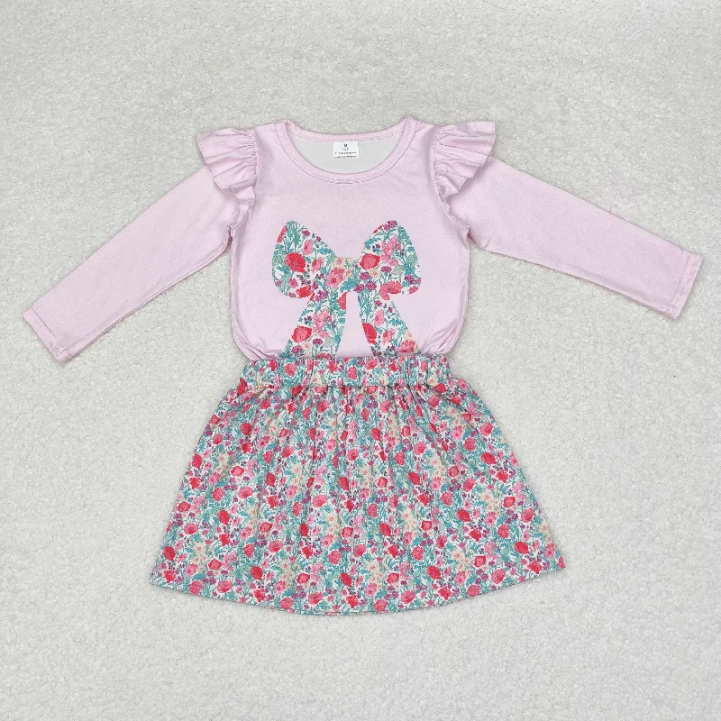 GT0699+GLK0032 Baby Girls Fall Pink Bow Tee Flowers Skirt Clothes Set a-line skirt cut