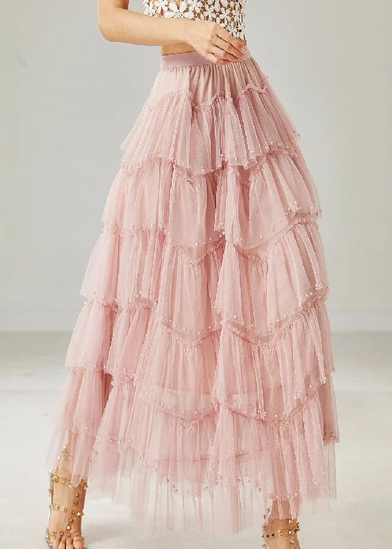 Italian Pink Nail Bead Layered Tulle Beach Skirt Summer leather skirt sleek