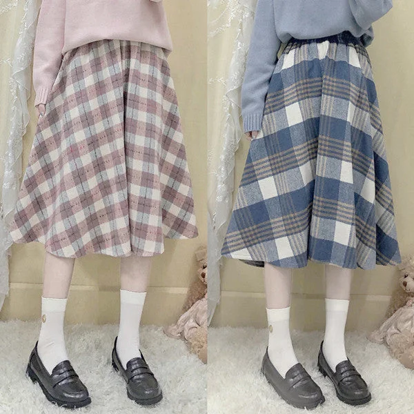 Japanese wool plaid skirt YV42570 elastic waist skirt