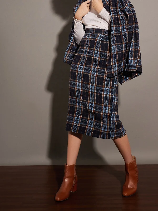Lyush Women Blue Yarndyed Check Pencil Skirt cashmere skirt plush