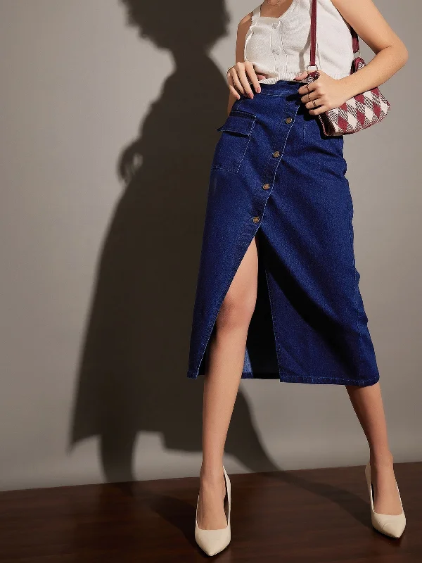 Lyush Women Classic Blue Front Button Wrap Skirt cashmere skirt plush