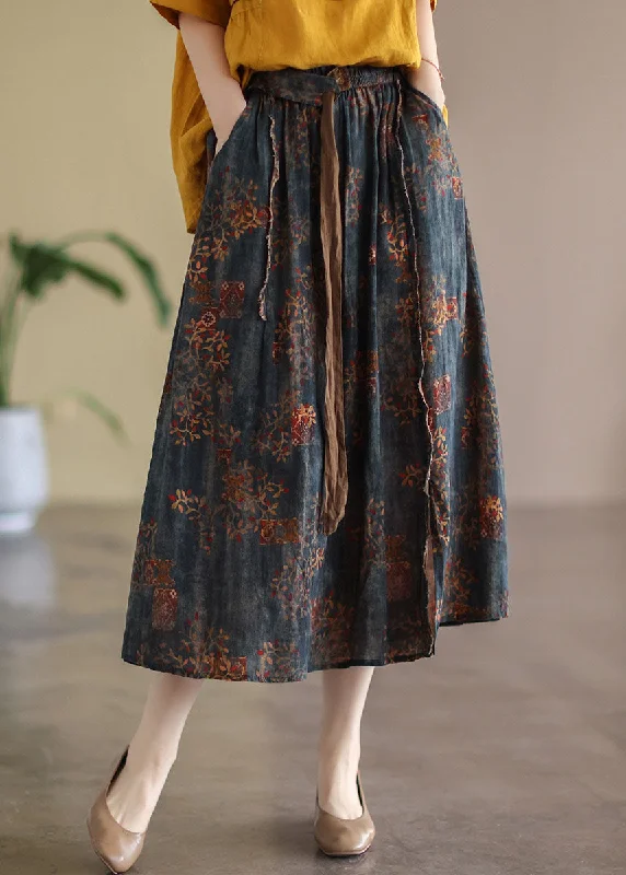Navy Patchwork Linen A Line Skirts Oversized Spring silk skirt luxurious
