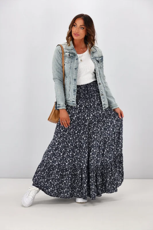 New U Collection Ditsy Floral Navy Maxi Skirt seamless skirt comfort