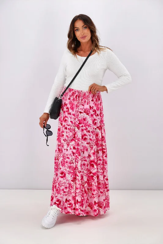 New U Collection Pink Floral Maxi Skirt linen skirt natural