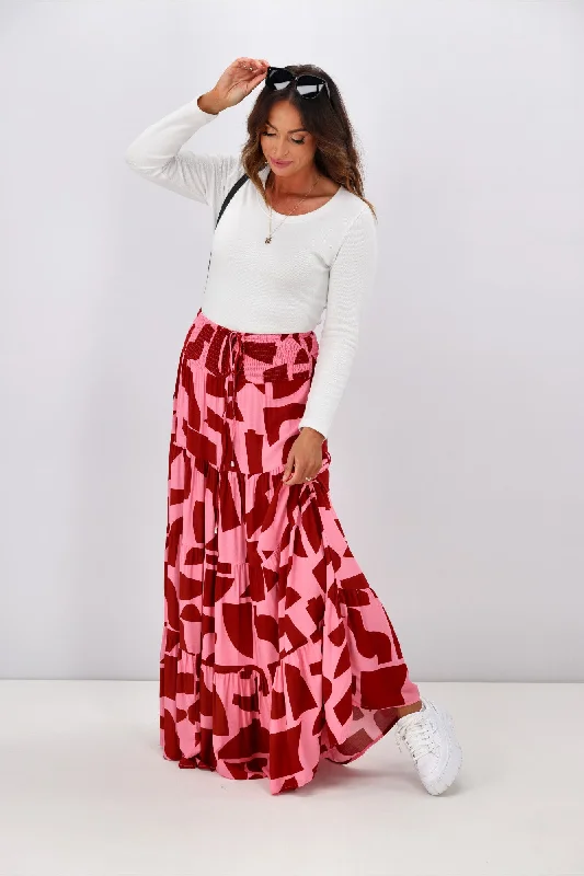 New U Collection Pink Geo Print Maxi Skirt elastic waist skirt