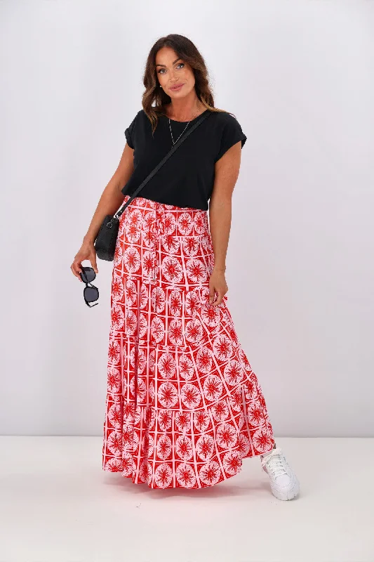 New U Collection Pink Red Sun Print Maxi Skirt silk skirt lustrous