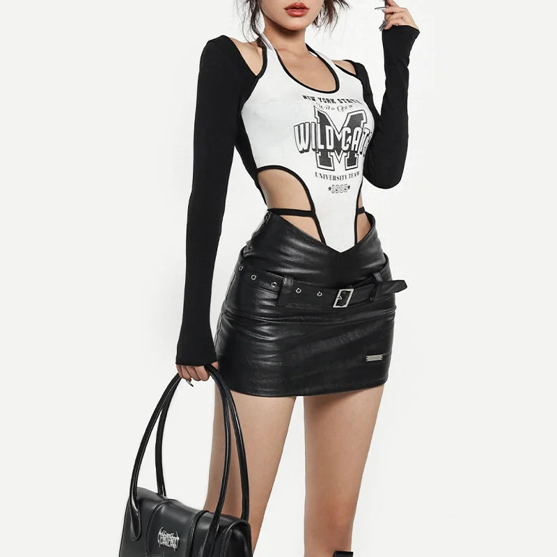 Sexy Tight High-Waist A-Line Mini Skirt with Gothic Belt Bottom spandex blend skirt