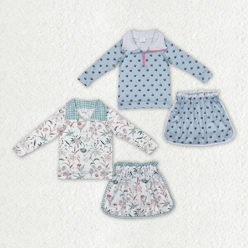 Sibling Baby Girls Spring Flowers Zip Top Ruffle Skort Short Clothes Sets denim skirt fashionable Sibling Baby Girls Spring Flowers Zip Top Ruffle Skort Short Clothes Sets denim skirt fashionable