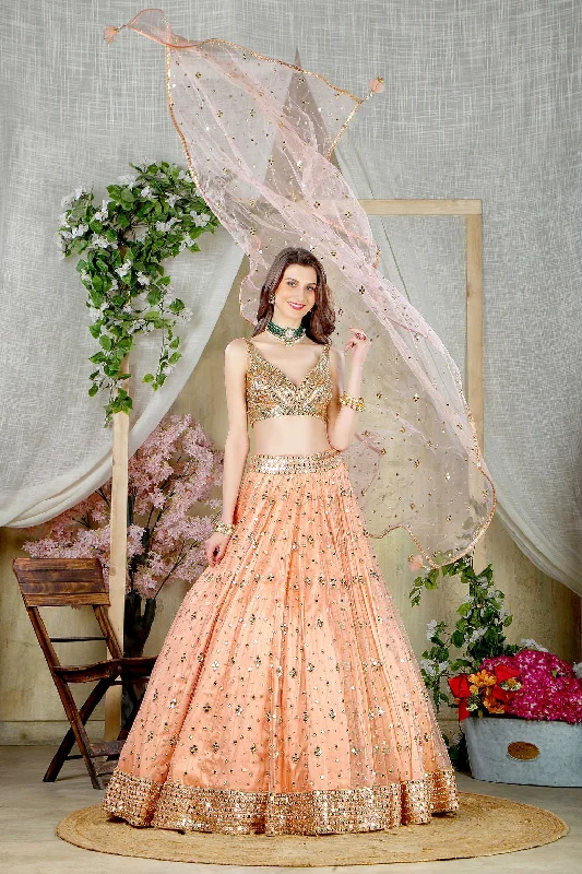 Peach mirror Embroidered blouse with embroidered skirt and dupatta chiffon skirt delicate