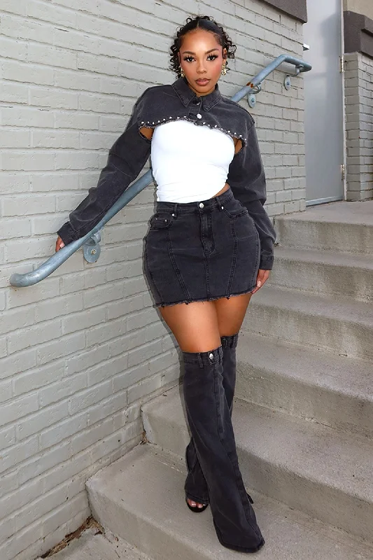 Stud Denim Jacket & Skirt Leg Warmers SET cashmere skirt rich