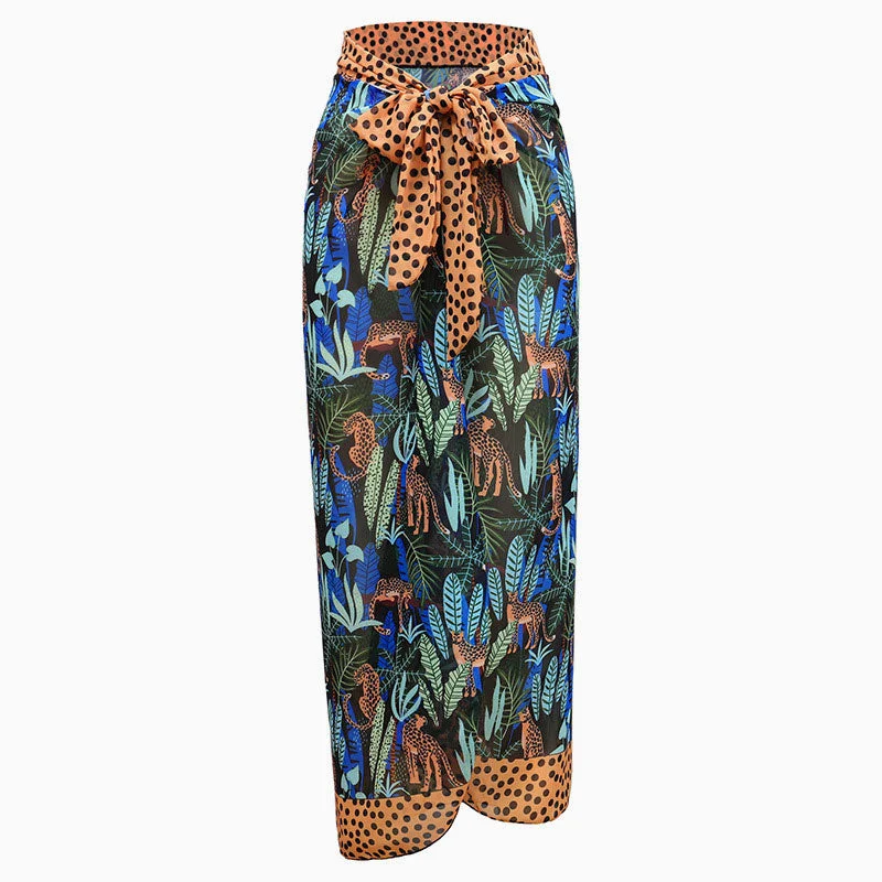 Tropical Leaf Polka Dot Print High Waist Bow Tie Wrap Sarong Cover Up silk skirt smooth