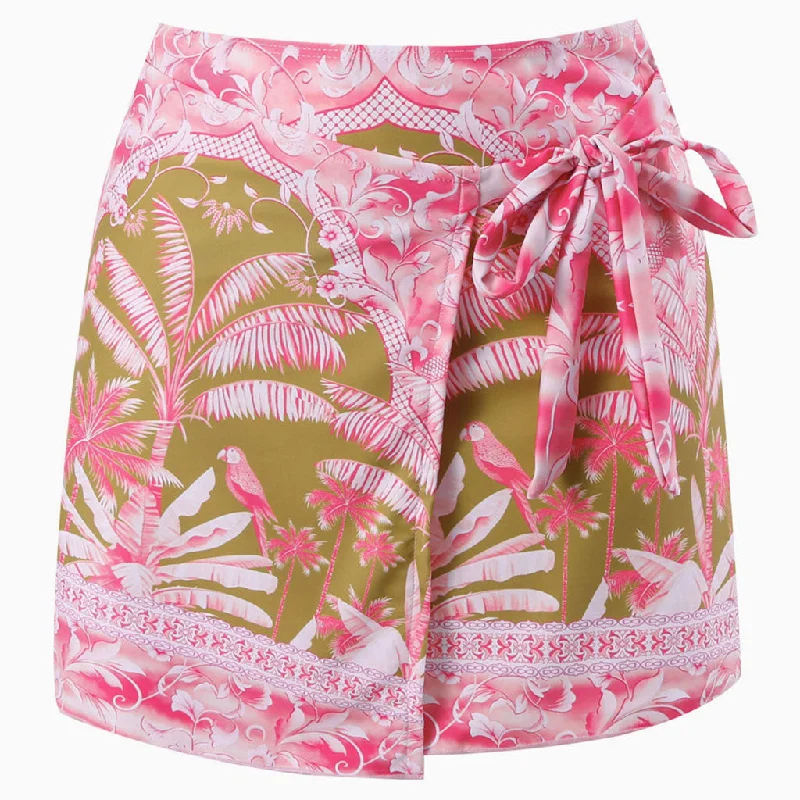 Tropical Palm Leaf Print High Waist Bow Tie Wrap Mini Sarong Cover Up corduroy skirt durable