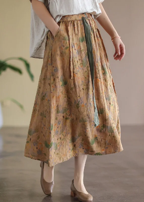 Vintage Khaki Elastic Waist Print Linen Skirt Spring low waist skirt