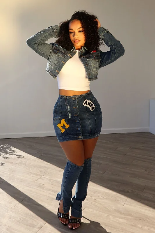 Whatever Patch Denim Jacket & Skirt Leg Warmers SET velvet skirt plush