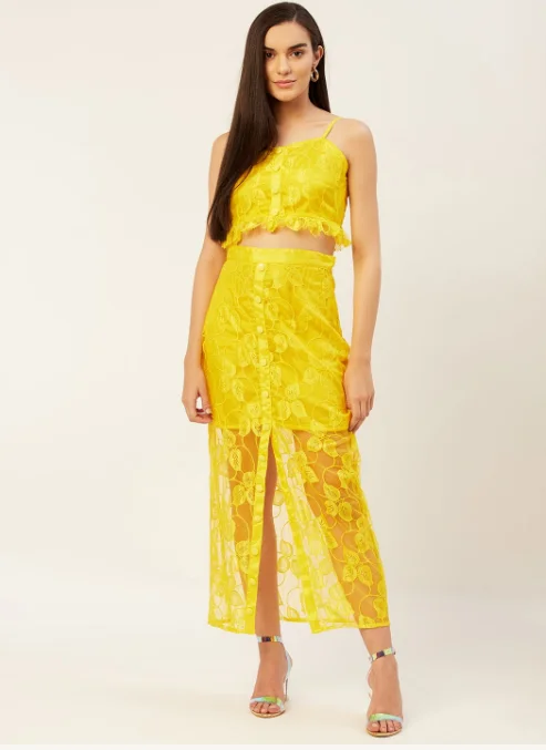 Women's Yellow Net Skirt With Top - Khumaar-Shuchi Bhutani high slit skirt