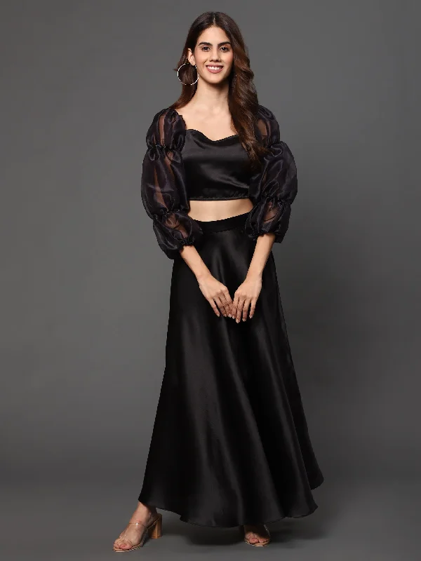 Women's Black Satin Skirt Top - Khumaar- Shuchi Bhutani mini skirt trendy