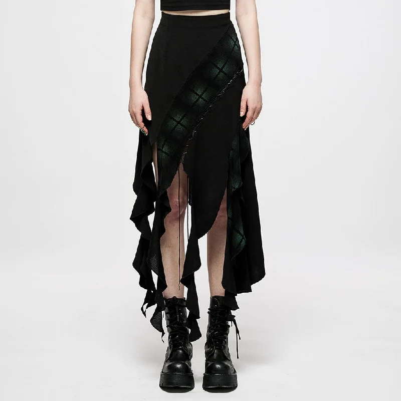 Women's Punk Ripped Green Plaid Irregular Hem Skirt silk skirt lustrous