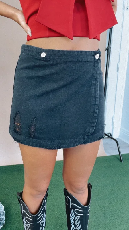 Wren Distressed Wrap Mini Skirt, Black silk skirt lustrous